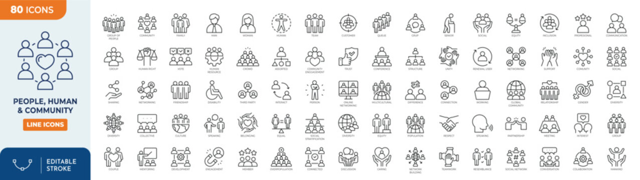 People & Community icon set. Human Icon set. Containing People, social, diversity, relationships, group, human, community, and more. Outline Icon Collection. Editable stroke. Vector illustration