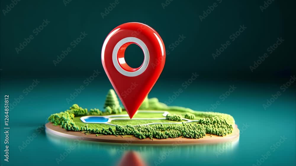 Poster a 3d rendering of a red location pin on a small landscaped area with trees and a pond.