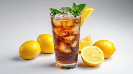 Refreshing Iced Tea with Lemon and Mint in a Tall Glass