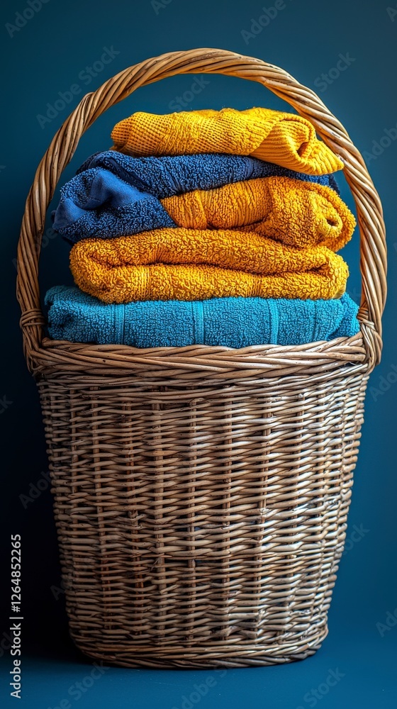 Poster a stylish wicker basket holds neatly stacked colorful towels, creating a visually appealing arrangem