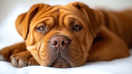 Obraz premium Shar Pei Dog Lying on Bed with Cute Sad Expression. Generative AI