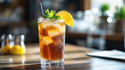 Refreshing Iced Tea with Lemon and Mint Garnish in a Café Setting