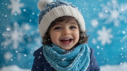 Delighted Toddler in Cozy Winter Attire Smiling in a Magical Snowy Background