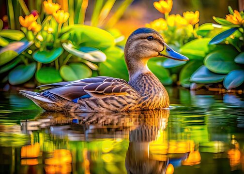 Brown Duck on Water with Water Plants, Landscape Photography, AI Art