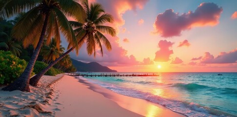 Serene tropical beach sunset with palm trees and tranquil ocean waves gently lapping the shore, creating a picturesque idyllic scene