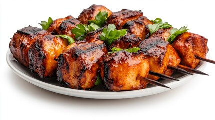 Grilled Chicken Skewers with Barbecue Sauce and Garnish. Generative AI
