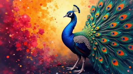 Fototapeta premium Majestic Peacock Displaying Vibrant Plumage Against a Colorful Abstract Background