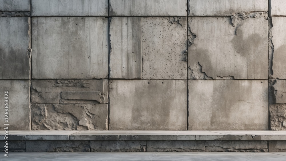 Poster textured concrete wall with visible imperfections and damage featuring a horizontal ledge providing 
