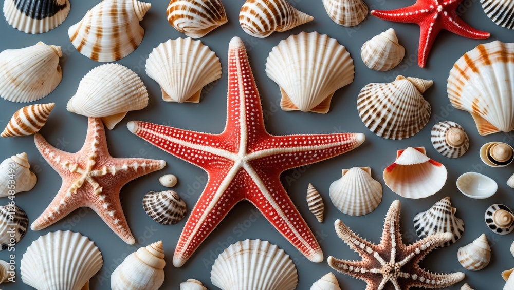 Poster colorful variety of seashells and starfish arranged on a blue background with copy space for text pl