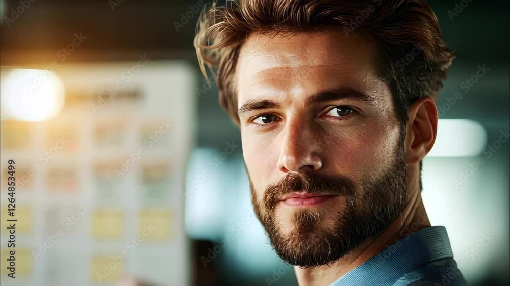Poster a close-up of a man with a beard, smiling slightly, in an indoor setting with a blurred background.