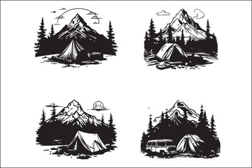 Minimalist Camping Logo Set Vector Line Art Illustrations Outdoor Adventure Camping Logo Set in Clean Line Art Style Modern Camping Logo Vector Pack Outline and Line Art Designs