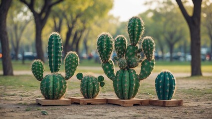 Collection of various cactus plants in wooden containers arranged on the ground in a park setting during daylight with trees in the background Copy Space