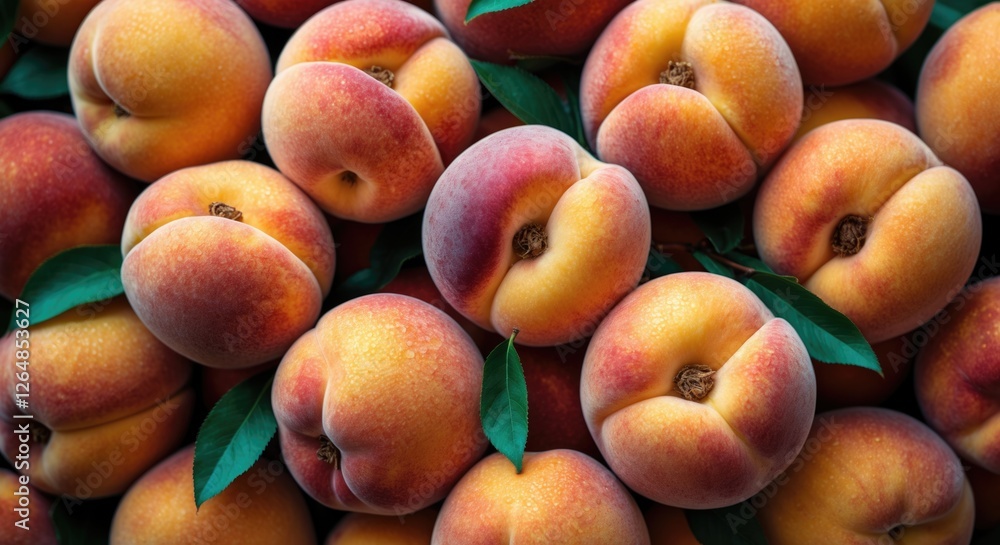 Poster fresh ripe peaches with leaves arranged closely together on a surface providing ample copy space for