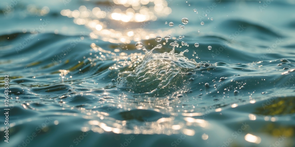 Poster close-up of water droplets splashing on surface of calm water with bokeh highlights in background co
