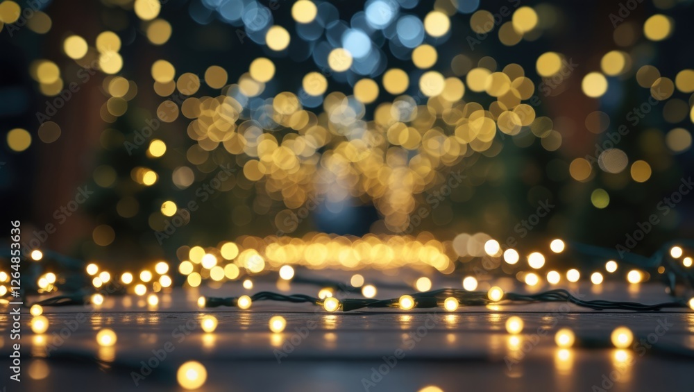 Poster blurred string lights creating a bokeh effect with warm yellow illumination and green wires on a woo