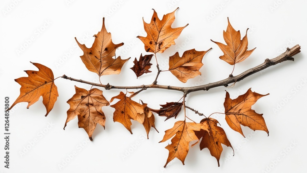 Poster dried autumn leaves on a branch arranged artistically on a white background with ample copy space fo