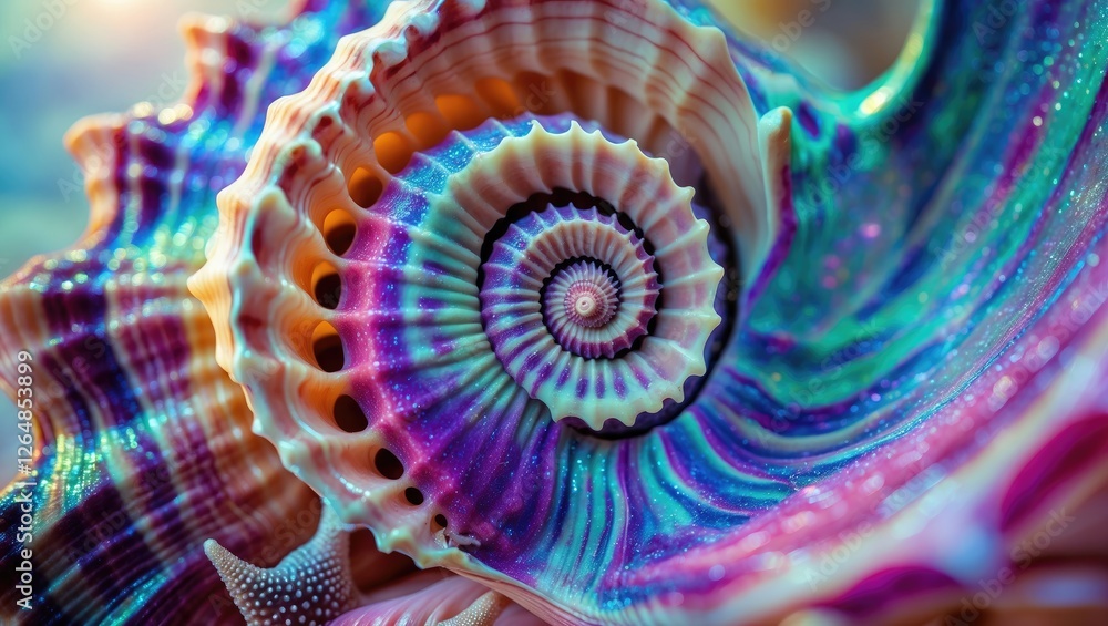 Poster colorful close-up of a spiraled seashell with intricate patterns and textures reflecting light, suit