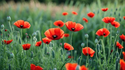 Vibrant red poppy flowers blooming in a green field with soft natural lighting suitable for nature concepts and floral designs Copy Space