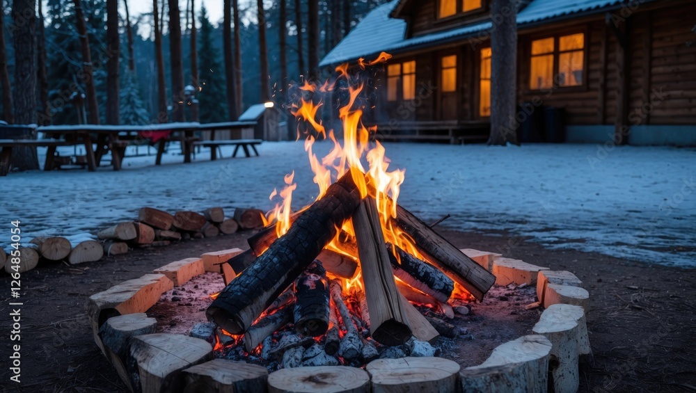 Poster campfire burning brightly in a circular stone fire pit with a snow-covered cabin and pine trees in t