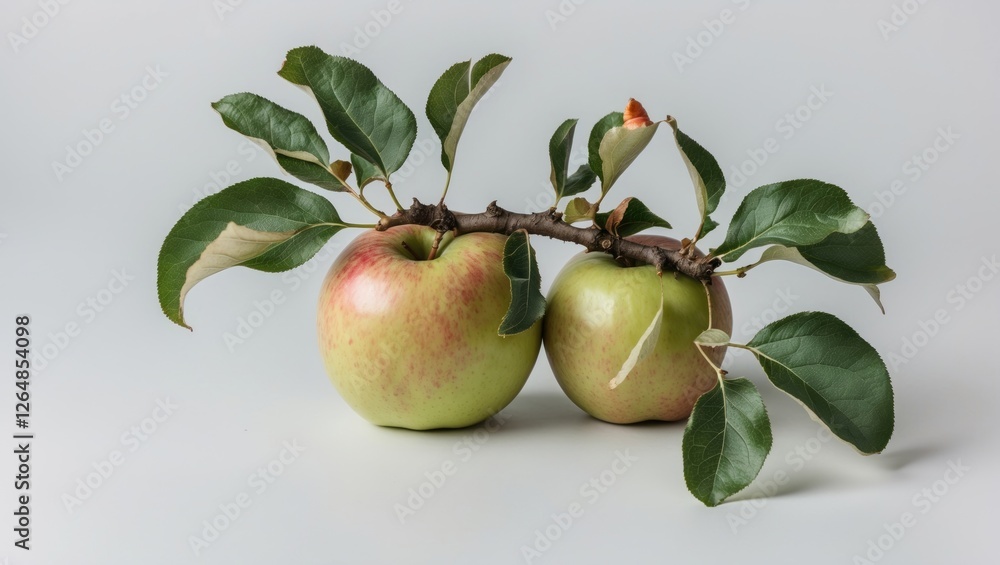 Poster fresh apples with leaves on branch isolated on light background with copy space for text