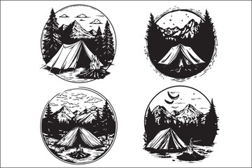 Minimalist Camping Logo Set Vector Line Art Illustrations Outdoor Adventure Camping Logo Set in Clean Line Art Style Modern Camping Logo Vector Pack Outline and Line Art Designs