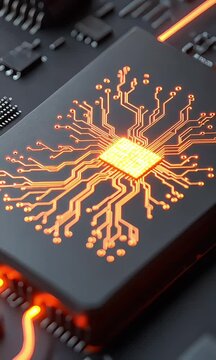 Exploring the intricate design of a high-performance microchip with vibrant circuitry in a close-up view