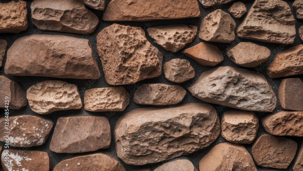 Aufkleber textured arrangement of various natural brown stones in different shapes and sizes on a dark backgro