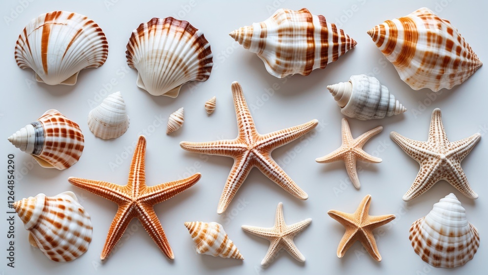Poster variety of sea shells and starfish arranged on a light background with ample copy space for text pla