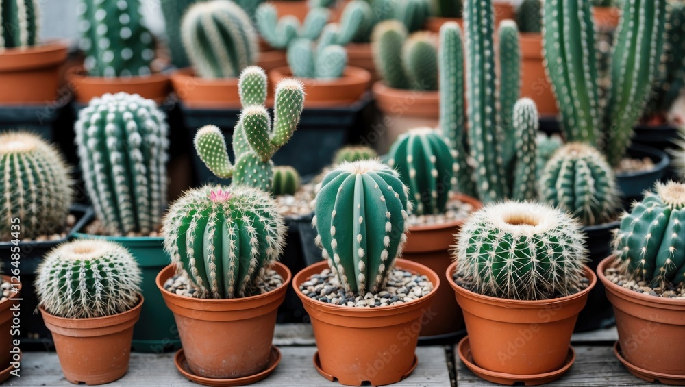 Poster collection of various cacti in terracotta pots displayed in a garden setting with natural lighting a