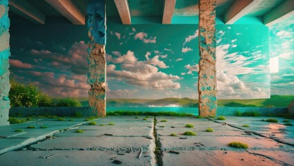 Abandoned architectural interior with weathered columns and dramatic clouds in the background featuring vibrant colors and natural overgrowth Copy Space