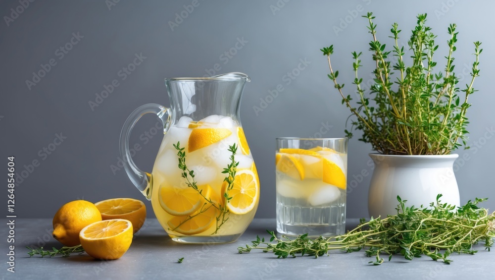 Poster lemonade pitcher with lemon slices and thyme on gray background with glass and fresh herbs copy spac