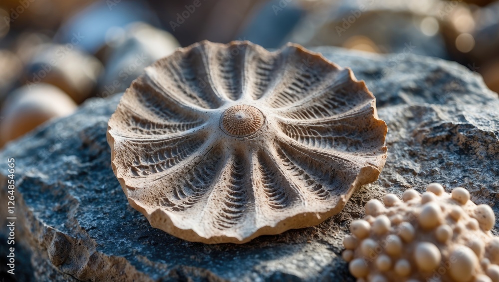 Aufkleber fossilized sea shell resting on a textured stone surface with blurred natural background and warm su