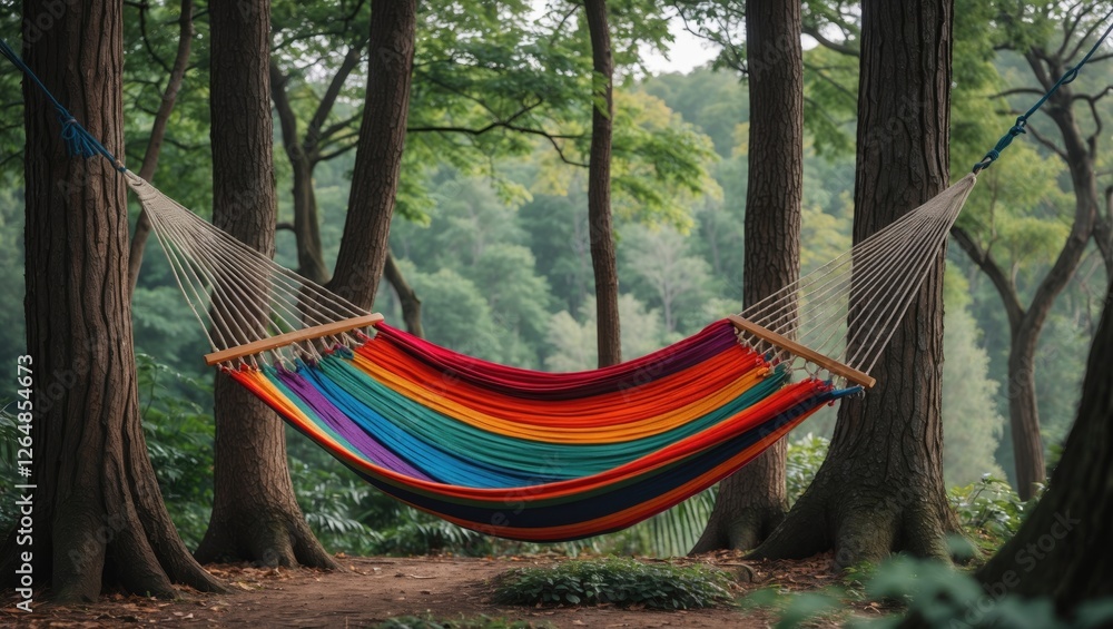 Poster colorful hammock suspended between tall trees in a serene forest setting with lush greenery surround