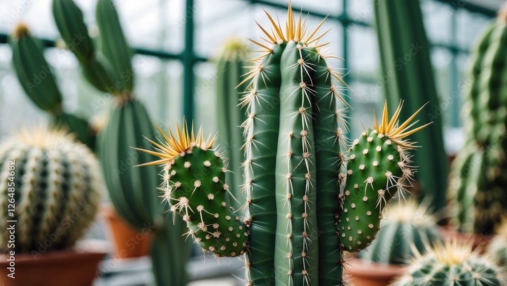 Poster cacti in greenhouse setting with vibrant green colors and sharp spines displaying various shapes and