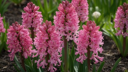 Obraz premium Pink hyacinth flowers blooming in a garden setting with green leaves and soft sunlight Copy Space