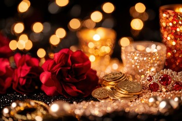 Coins and roses with blurred candle lights for celebration decor advertisement
