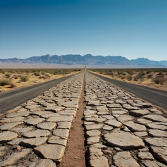 Fototapeta premium A mesmerizing desert landscape featuring a long, endless road cutting through vast golden dunes. The sand is dotted with small shrubs, and the mountains on the horizon shimmer under the heat .