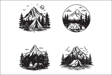 Minimalist Camping Logo Set Vector Line Art Illustrations Outdoor Adventure Camping Logo Set in Clean Line Art Style Modern Camping Logo Vector Pack Outline and Line Art Designs