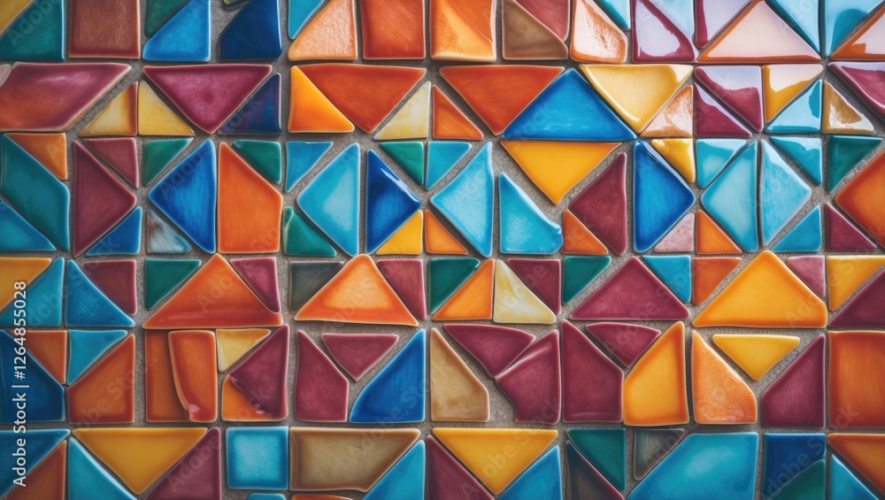 Poster colorful geometric mosaic tile pattern in various shapes and sizes with copy space for text.