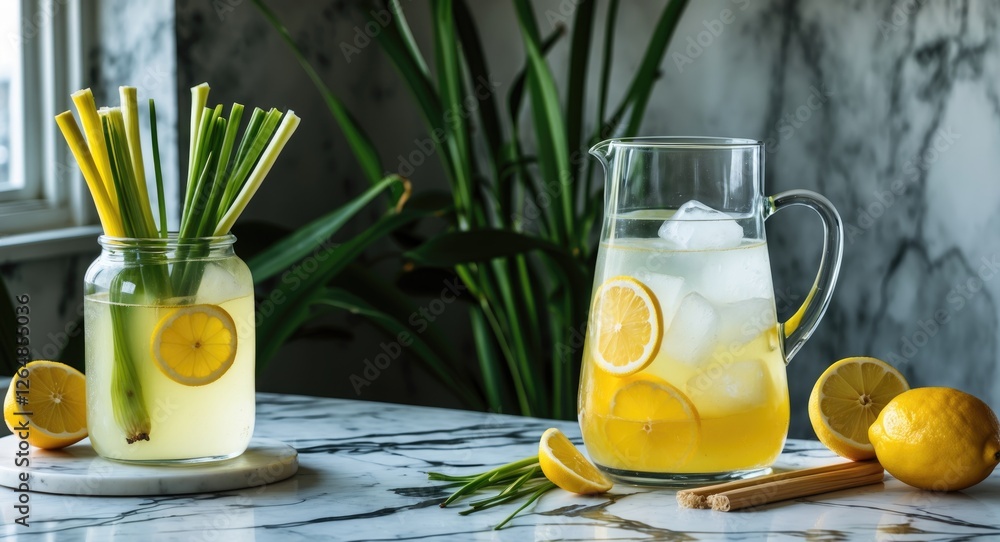 Poster lemonade pitcher and glass jar with lemon slices and green stalks on marble countertop with plants i