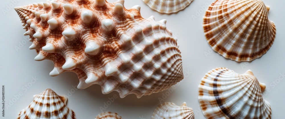 Poster collection of various sea shells including a large spiked conch shell and smaller striped scallop sh