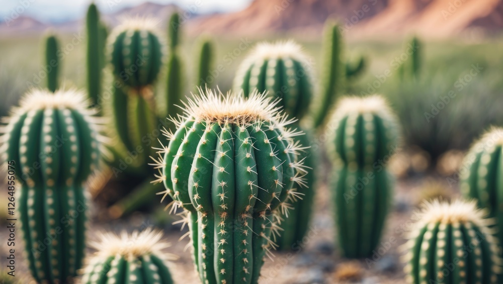 Poster close-up of spherical cacti with spines in a desert landscape with blurred background and soft sunli
