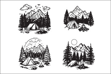 Minimalist Camping Logo Set Vector Line Art Illustrations Outdoor Adventure Camping Logo Set in Clean Line Art Style Modern Camping Logo Vector Pack Outline and Line Art Designs