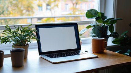 Laptop computer on a desk next to potted plants in a modern workspace environment