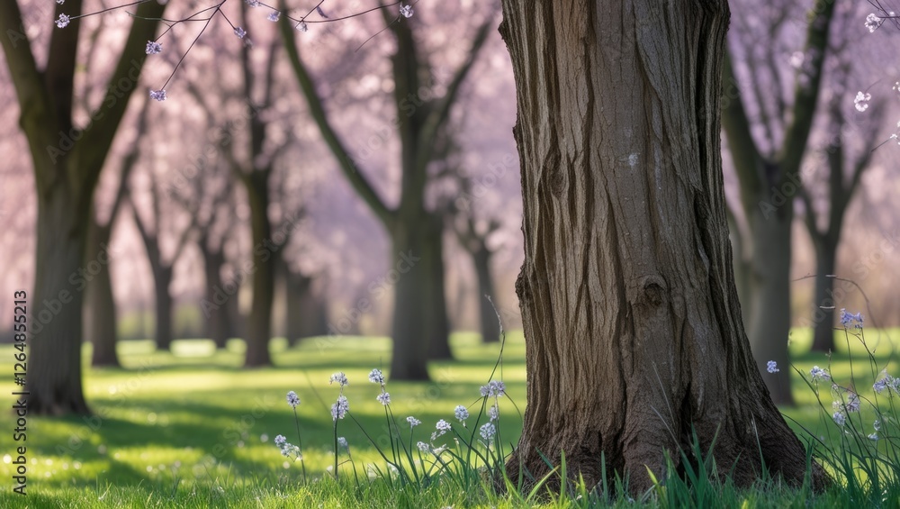 Poster close-up of a tree trunk in a peaceful park setting with soft sunlight filtering through trees and b