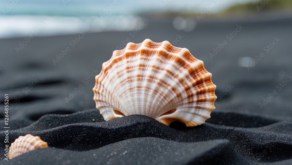 Aufkleber close-up of a scallop shell resting on black sand beach with ocean background showing soft waves and