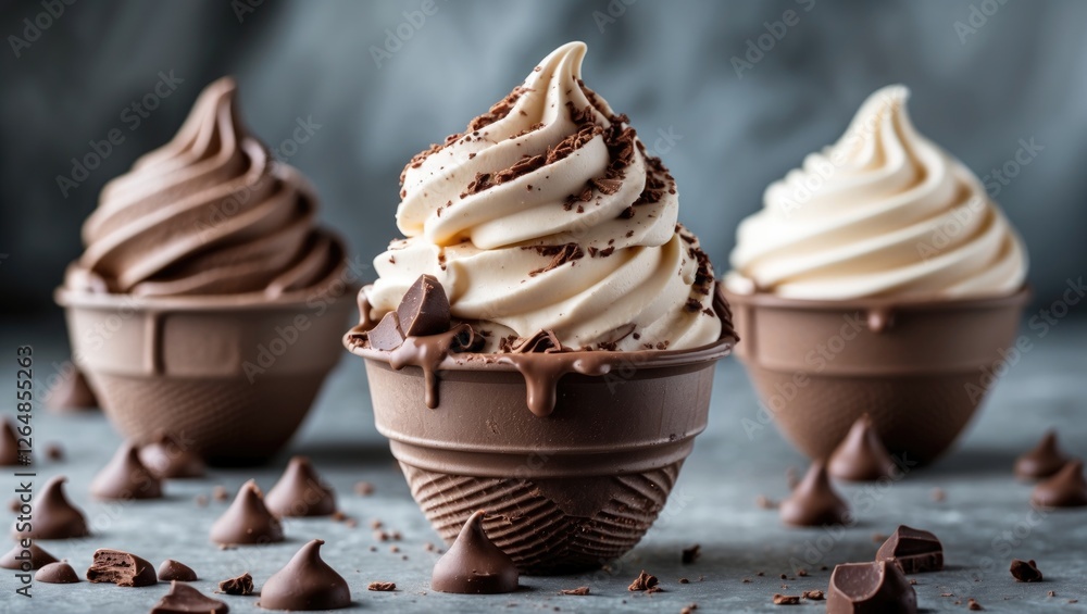 Poster ice cream cones with chocolate and vanilla soft serve topped with chocolate shavings on a textured s