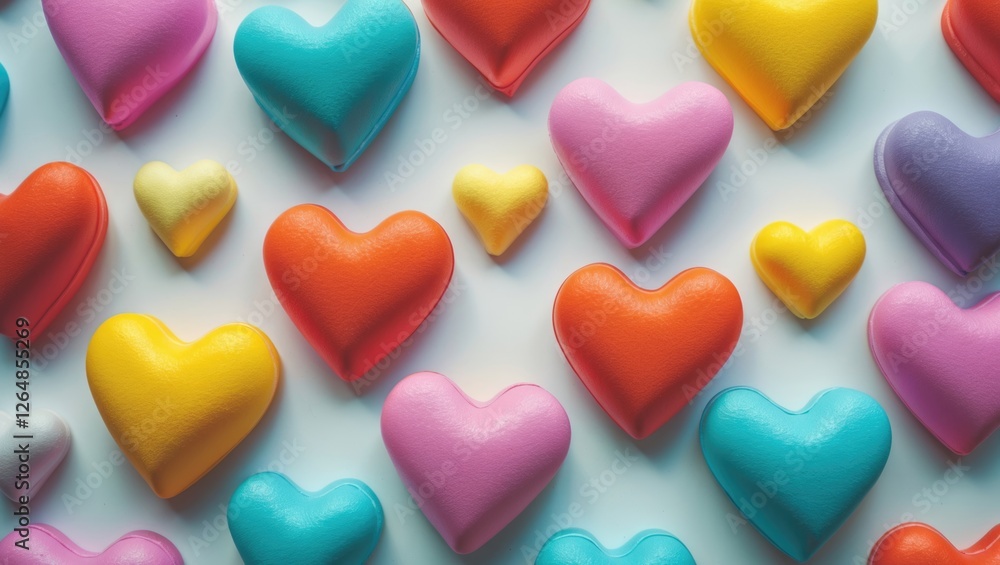 Poster colorful heart-shaped objects arranged on a white background with various sizes and colors including