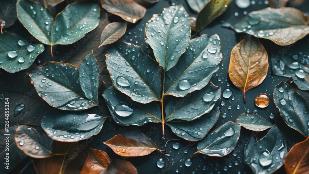 Poster close-up of wet green and brown leaves with raindrops on dark background natural texture and pattern