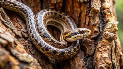 Close-Up of a Beautiful Snake on Tree Bark in Natural Habitat